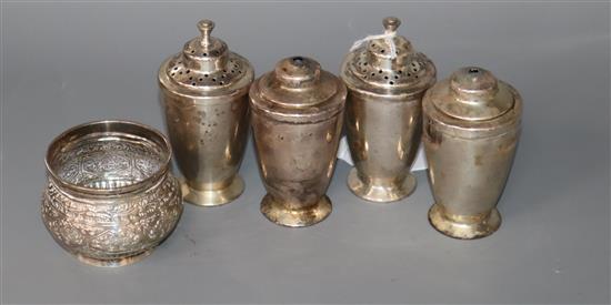 Five assorted silver cruets, including a Victorian salt.